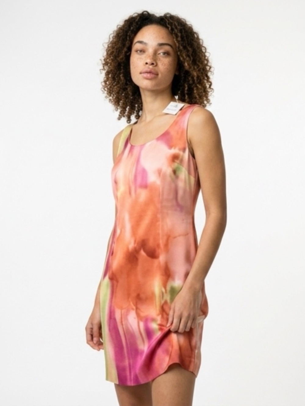 Sleeveless Watercolor Orange-Pink Shift Dress Size 10P Silk Blend